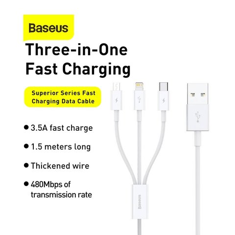 Cable USB Baseus Superior, USB tipo-A, USB tipo C, micro USB tipo-B, Lightning, 150 cm, 3.5 A, blanco, de silicona, 3 en 1, #CAMLTYS-02 Vista previa  2