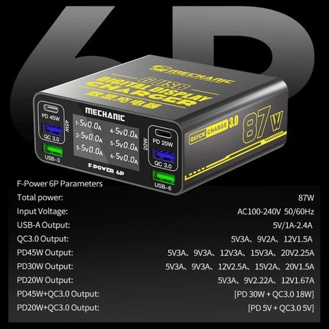 Сетевое зарядное устройство Mechanic F-Power 6P, 87 Вт, Quick Charge, Power Delivery (PD), 6 портов Превью 1