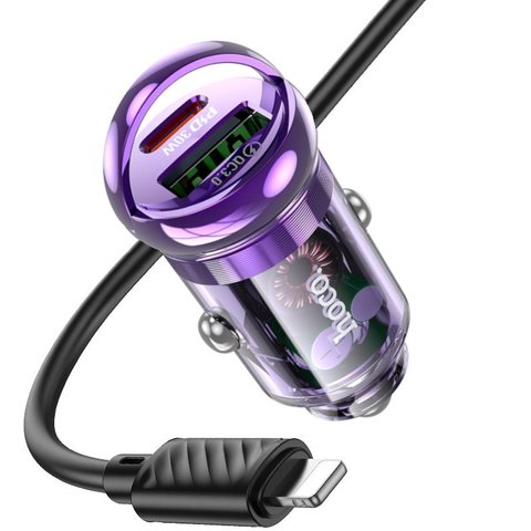 Автомобильное зарядное устройство Hoco Z53A, фиолетовое, прозрачное, Power Delivery (PD), c кабелем USB тип-C к Lightning для Apple, 30 Вт, 2 порта, 12-24 B, #6942007611336 Превью 1